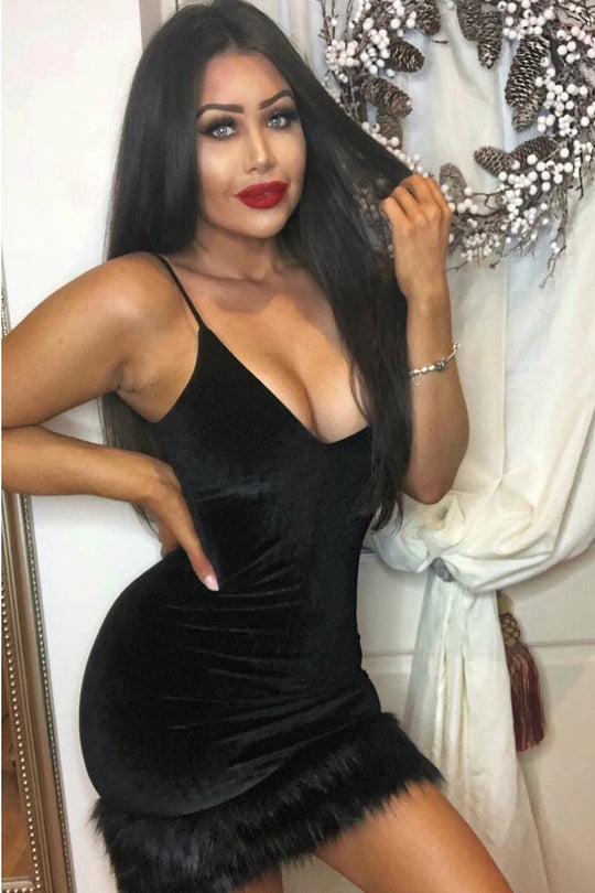 Black Velvet Plunge Feather Hem Dress - Avereigh