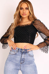 Black Velvet Polka Mesh Corset Style Crop Top - Shia-Crop Tops