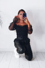 Black Velvet Polka Mesh Corset Style Crop Top - Shia-Crop Tops