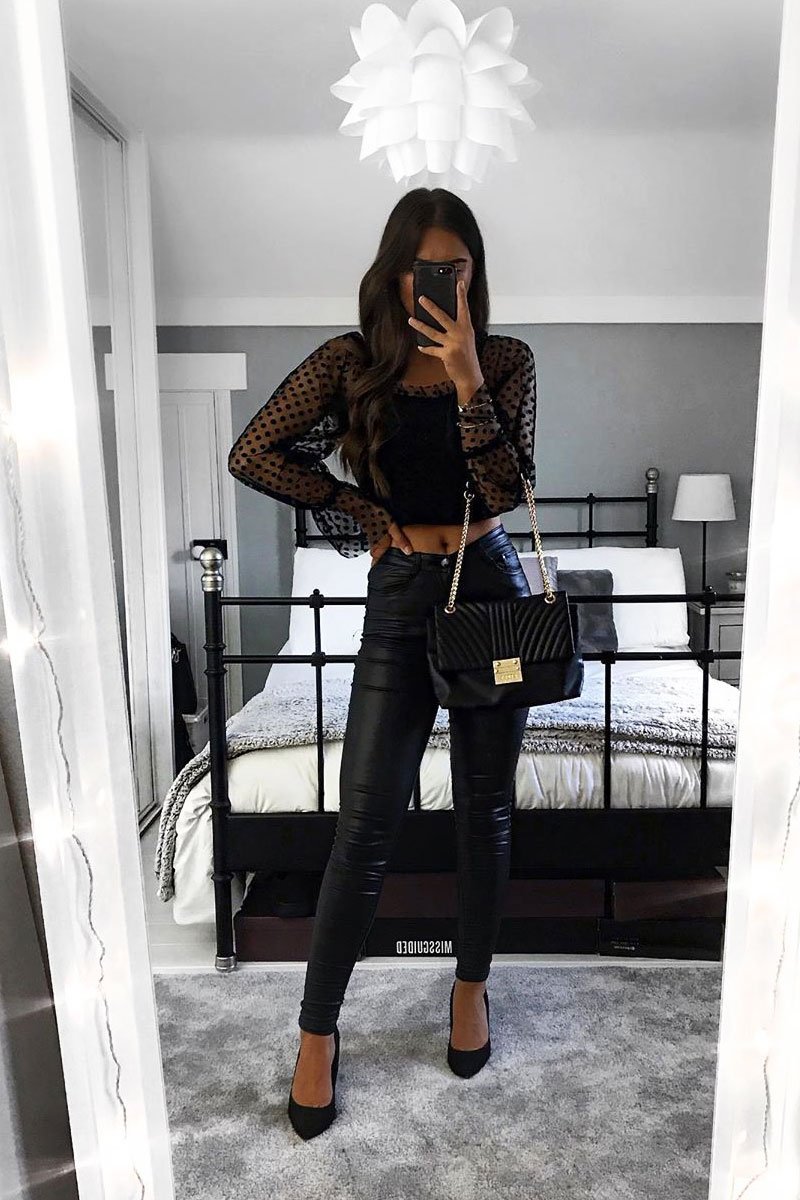 Black Velvet Polka Mesh Corset Style Crop Top - Shia-Crop Tops