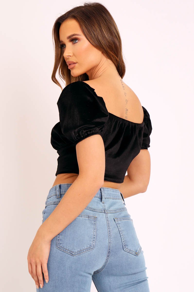 Black Velvet Puff Sleeve Milkmaid Crop Top - Erina-Crop Tops