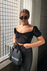 Black Velvet Puff Sleeve Milkmaid Crop Top - Erina-Crop Tops