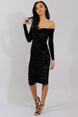 Black Velvet Ruched Bardot Bodycon Dress - Louise-Dresses