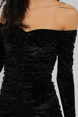 Black Velvet Ruched Bardot Bodycon Dress - Louise-Dresses