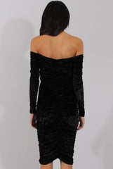 Black Velvet Ruched Bardot Bodycon Dress - Louise-Dresses