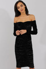 Black Velvet Ruched Bardot Bodycon Dress - Louise-Dresses