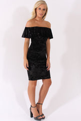 Black Velvet Sparkle Bardot Frill Dress - Bree-Dresses
