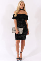 Black Velvet Sparkle Bardot Frill Dress - Bree-Dresses