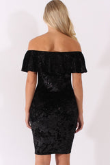 Black Velvet Sparkle Bardot Frill Dress - Bree-Dresses