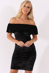 Black Velvet Sparkle Bardot Frill Dress - Bree-Dresses