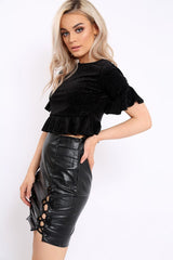 Black Velvet Sparkle Frill Hem Crop Top - Iyannah-Tops