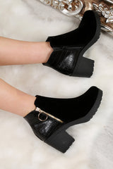 Black Velvet and PU Ring Zip Boots - Cynthia-Boots