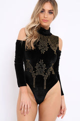 Black Velvet and beaded Cold Shoulder High Neck Bodysuit - Kyndal-Bodysuits