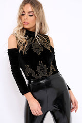 Black Velvet and beaded Cold Shoulder High Neck Bodysuit - Kyndal-Bodysuits