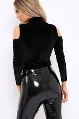 Black Velvet and beaded Cold Shoulder High Neck Bodysuit - Kyndal-Bodysuits
