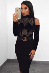 Black Velvet and beaded Cold Shoulder High Neck Bodysuit - Kyndal-Bodysuits