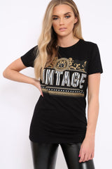 Black Vintage Slogan T-shirt - Aaya-Tops