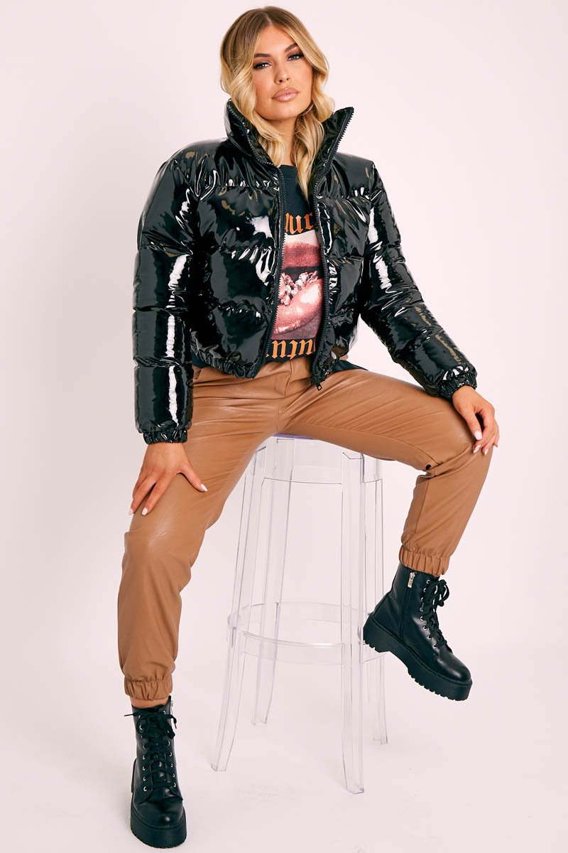 Black Vinyl Cropped Puffer Jacket - Zyonna-Coats