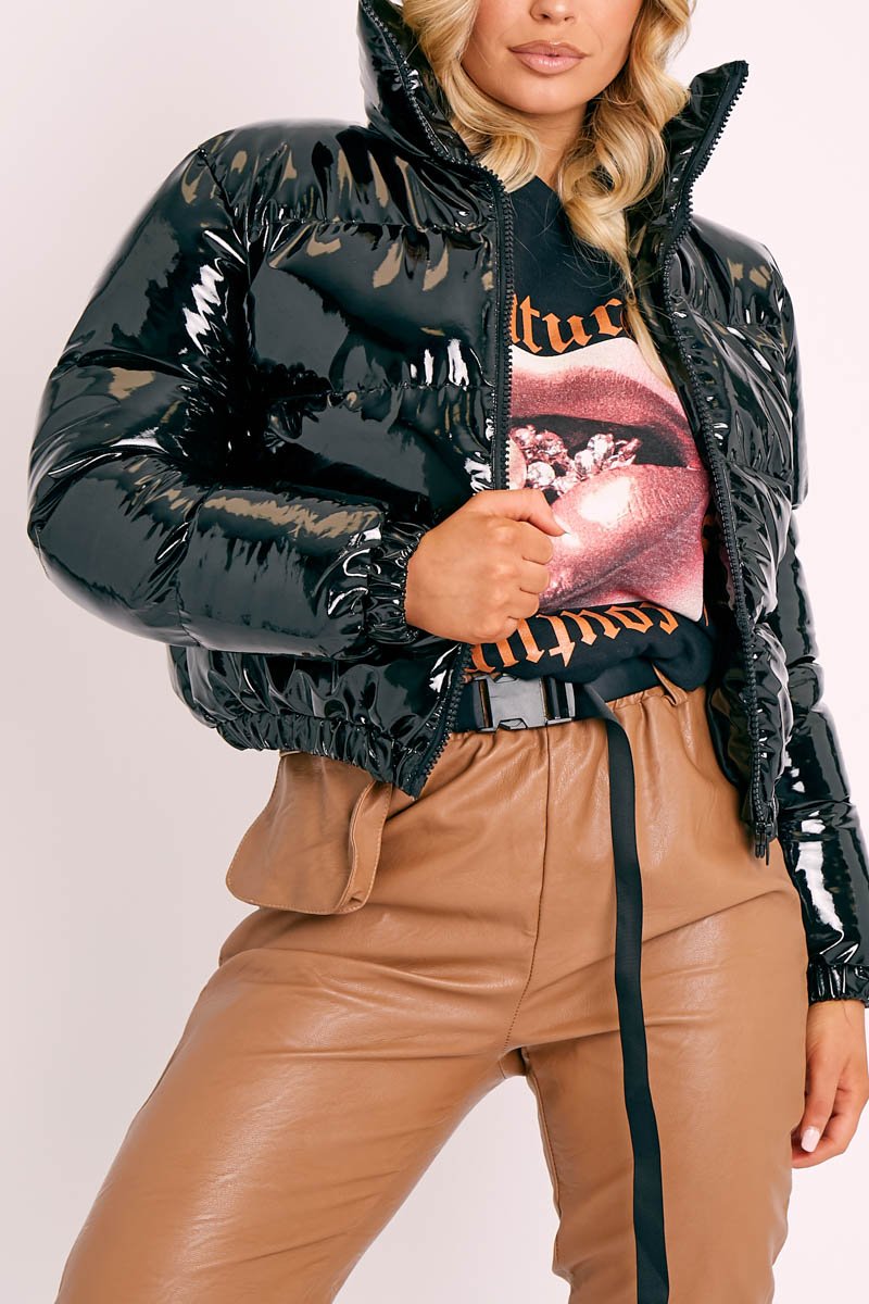 Black Vinyl Cropped Puffer Jacket - Zyonna-Coats