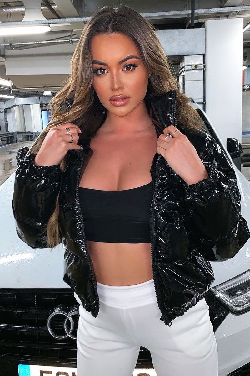 Black Vinyl Cropped Puffer Jacket - Zyonna-Coats