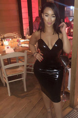 Black Vinyl Plunge Midi Dress - Manuela-Dresses
