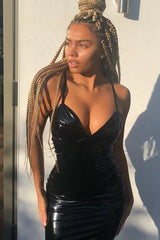 Black Vinyl Plunge Midi Dress - Manuela-Dresses