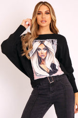 Black Vogue Graphic Slouchy Knit Jumper - Janel-Jumper