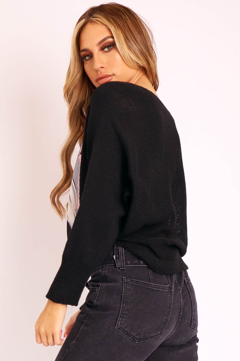 Black Vogue Graphic Slouchy Knit Jumper - Janel-Jumper