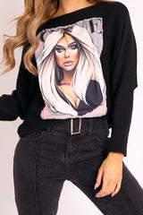 Black Vogue Graphic Slouchy Knit Jumper - Janel-Jumper