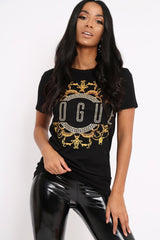 Black Vogue Slogan Print T-Shirt - Corey-Tops