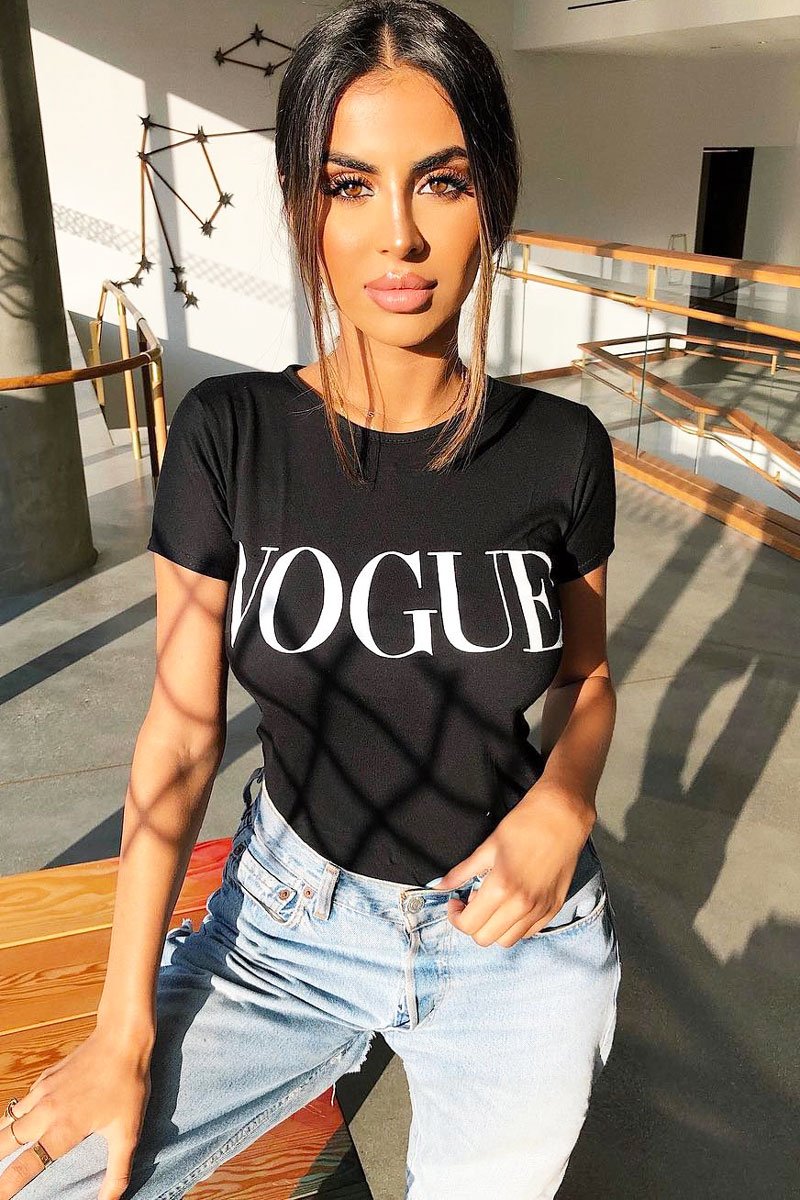 Black Vogue Slogan Top - Birda-Tops