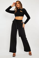 Black Waist Cut Out Wide Leg Trousers - Adela-Trousers