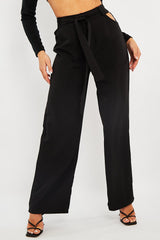 Black Waist Cut Out Wide Leg Trousers - Adela-Trousers