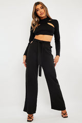 Black Waist Cut Out Wide Leg Trousers - Adela-Trousers