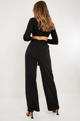 Black Waist Cut Out Wide Leg Trousers - Adela-Trousers
