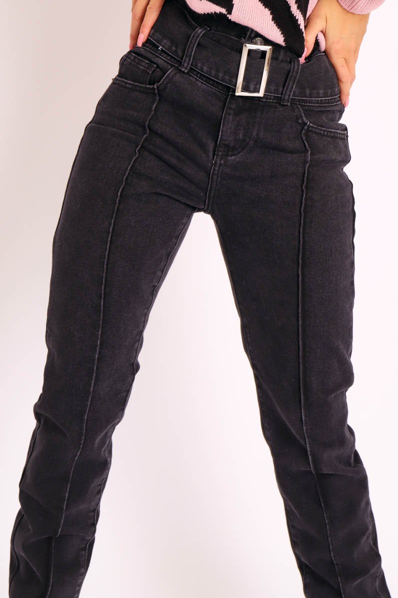 Black Wash Belted Straight Leg Jeans - Crosley-Jeans