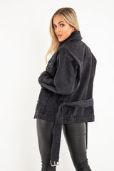 Black Washed Belted Longline Denim Jacket - Luvina-Jackets
