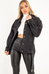 Black Washed Belted Longline Denim Jacket - Luvina-Jackets