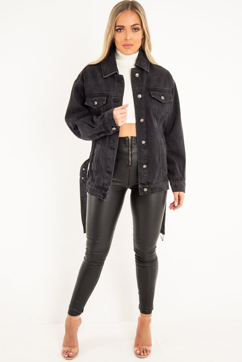 Black Washed Belted Longline Denim Jacket - Luvina-Jackets