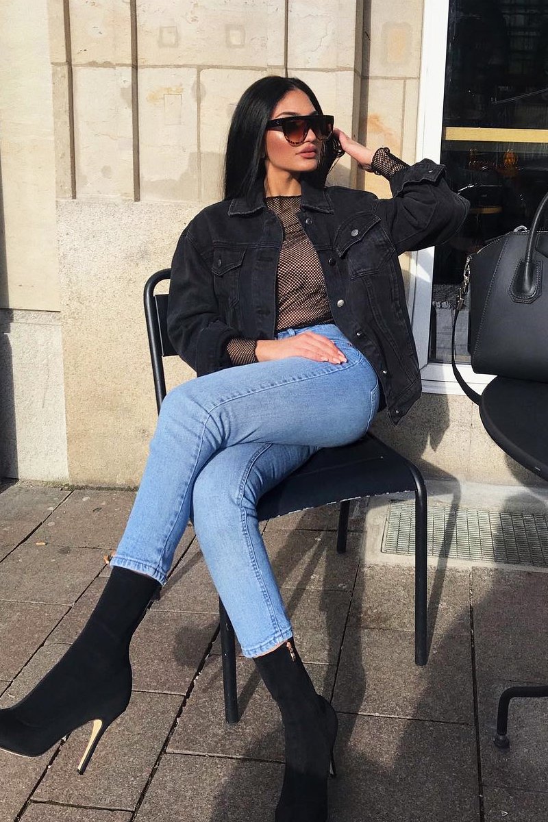 Black Washed Belted Longline Denim Jacket - Luvina-Jackets