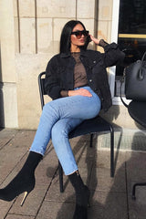 Black Washed Belted Longline Denim Jacket - Luvina-Jackets