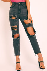 Black Washed Denim Extreme Distressed Mom Jeans - Elara-Jeans