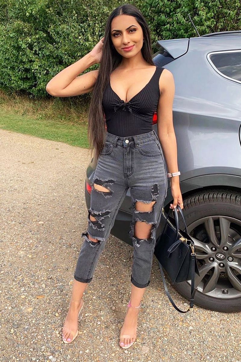 Black Washed Denim Extreme Distressed Mom Jeans - Elara-Jeans