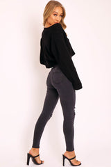 Black Washed Denim Ripped Buckle Belted Skinny Jeans - Suzie-Jeans