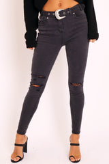 Black Washed Denim Ripped Buckle Belted Skinny Jeans - Suzie-Jeans