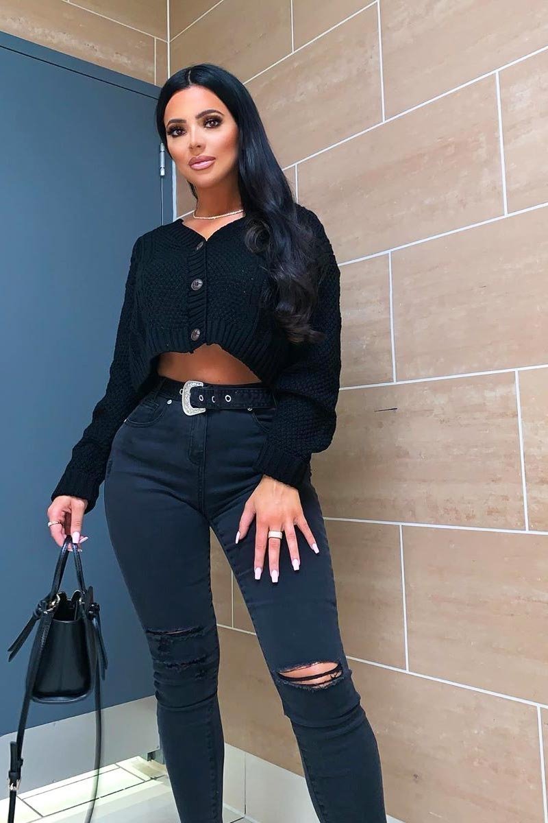 Black Washed Denim Ripped Buckle Belted Skinny Jeans - Suzie-Jeans