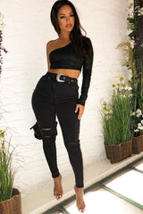 Black Washed Denim Ripped Buckle Belted Skinny Jeans - Suzie-Jeans