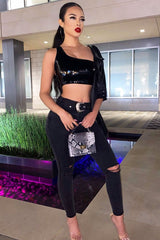 Black Washed Denim Ripped Buckle Belted Skinny Jeans - Suzie-Jeans