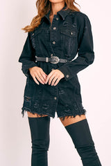 Black Washed Distressed Denim Shirt Dress - Chloey-Dresses