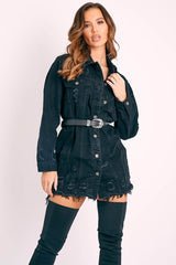 Black Washed Distressed Denim Shirt Dress - Chloey-Dresses